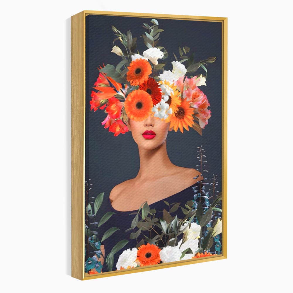 Tablou canvas cu tablou portret femeie cu flori, in rama de aluminiu auriu